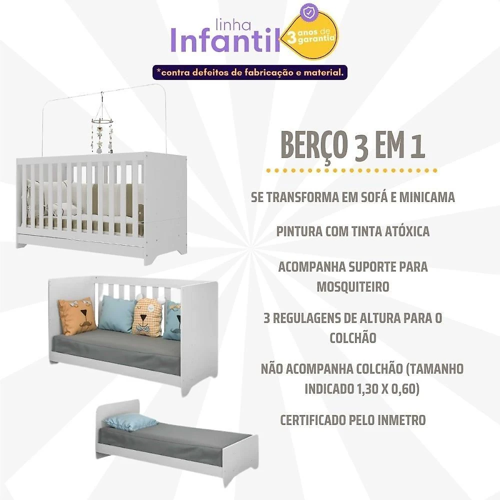 Berço 3 Em 1 Para Colchão 60x130cm Pipoca Multimóveis Bb0527 Branco
