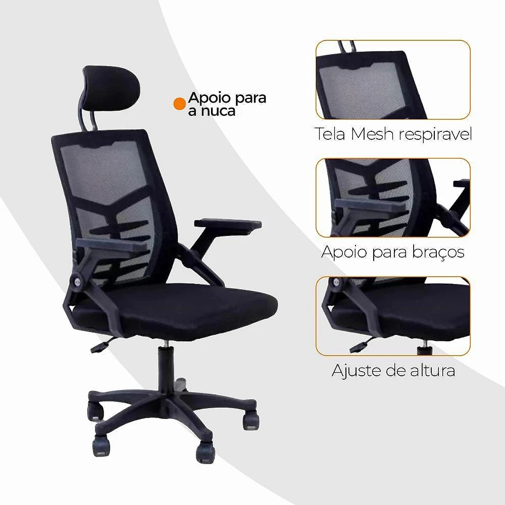 Cadeira de Escritório Diretor Relax Executiva Tela Mesh Base Giratória com Apoio Reclinável Preta