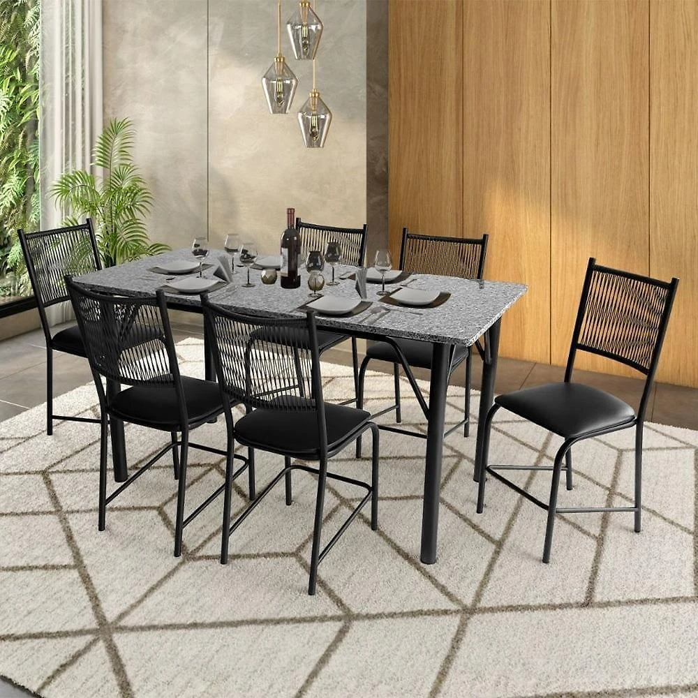 Mesa de jantar retangular famais cairo com 6 cadeiras e tampo em granito - preta