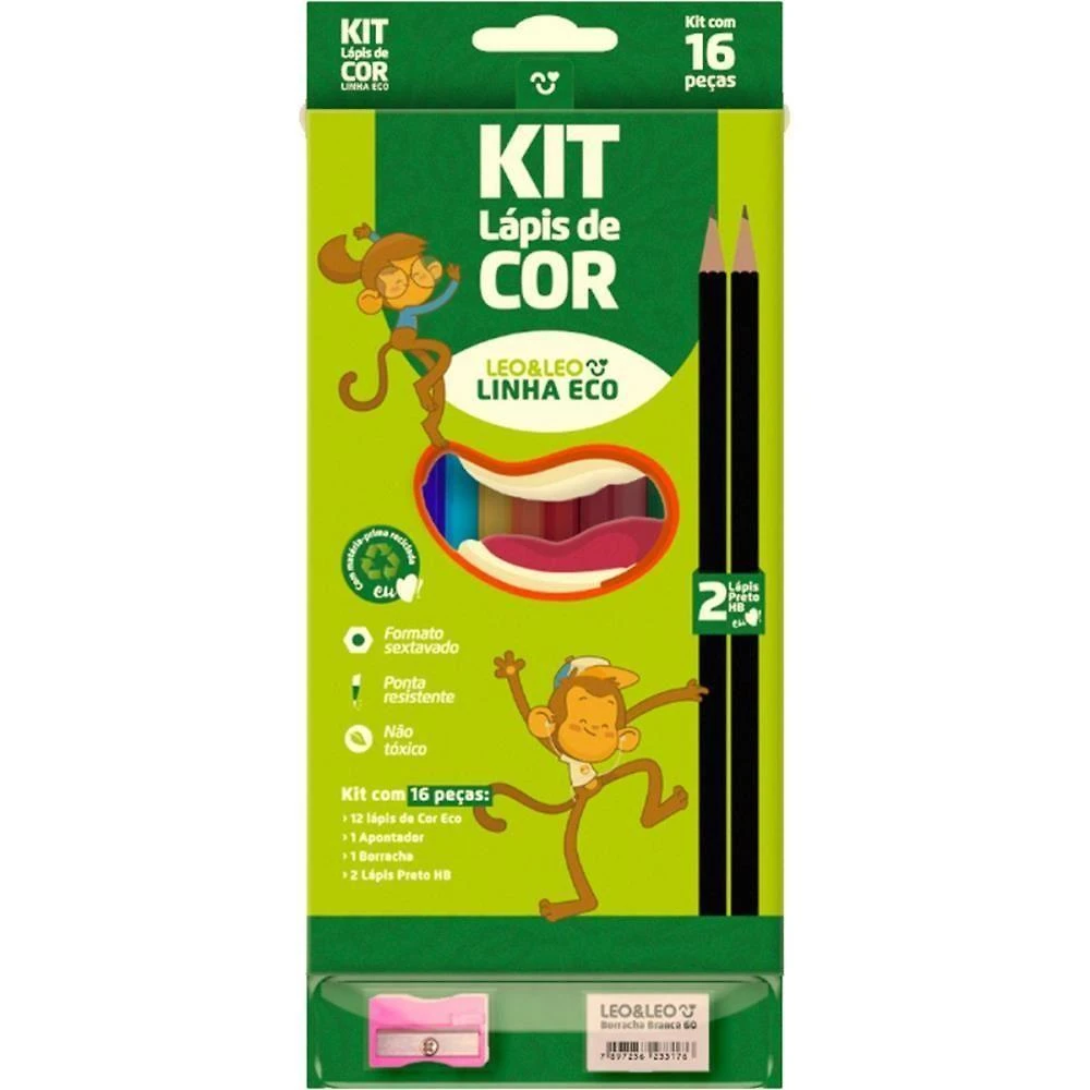 Kit Escolar Leonora Lápis de Cor Eco 12 Cores com Apontador e Borracha Preto