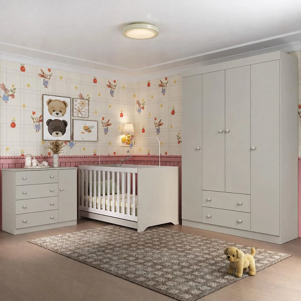Quarto de Bebê Completo com Berço Americano 3 em 1 p/Colchão 130x70cm Encanto Multimóveis MP4581