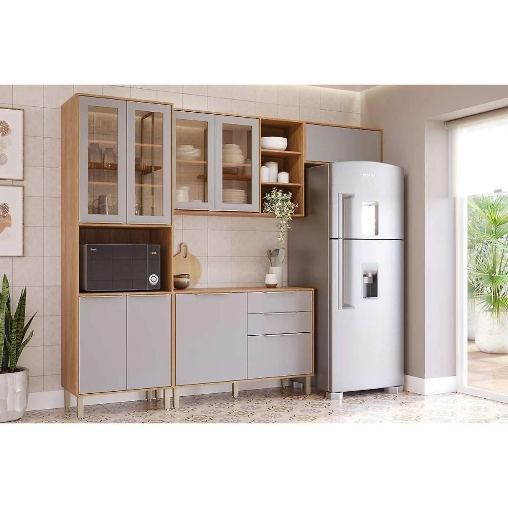 Cozinha Completa C4P256 11 Portas 2 Gavetas MDF 120cm Amadeirado Brilhante