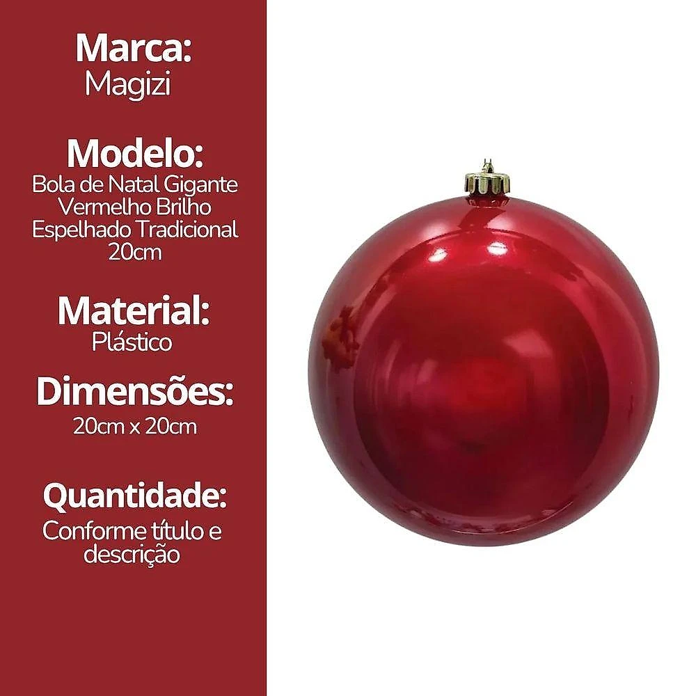 Bola Decorativa Gigante de Natal Vermelha em Plástico PP 20CM Kit 2 Unidades com Cordão Master webcontinental-7793385641854