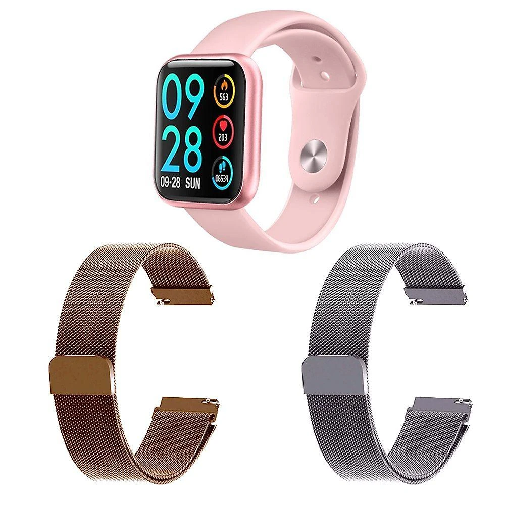 Kit 1 Relógio Smartwatch Rosa + 2 Pulseiras Rosê E Prata
