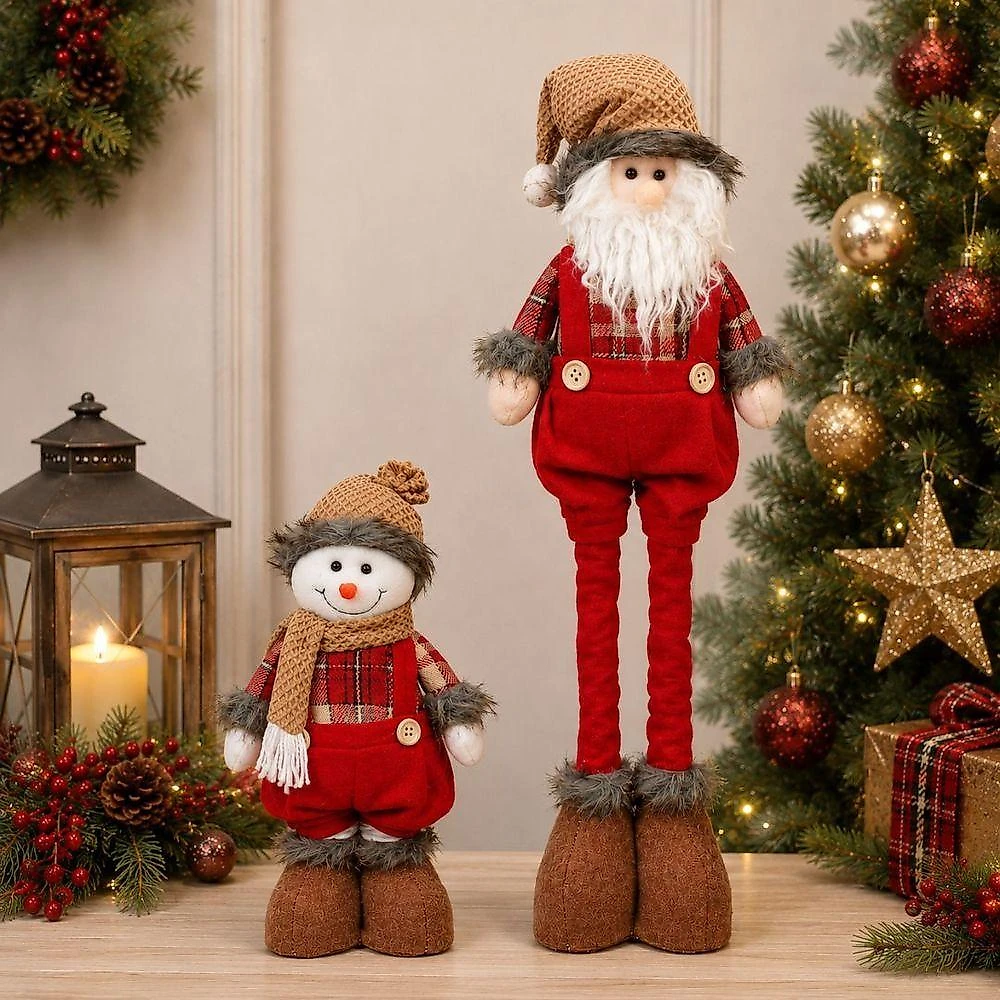 Conjunto Papai Noel e Boneco de Neve Retráteis Decorativo com Sistema Estica e Encolhe Xadrez