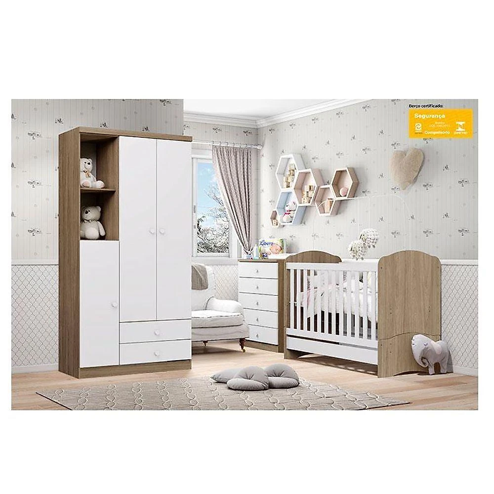 Quarto De Bebê Pique-esconde Com Berço Bala De Menta Rústico Branco - Henn