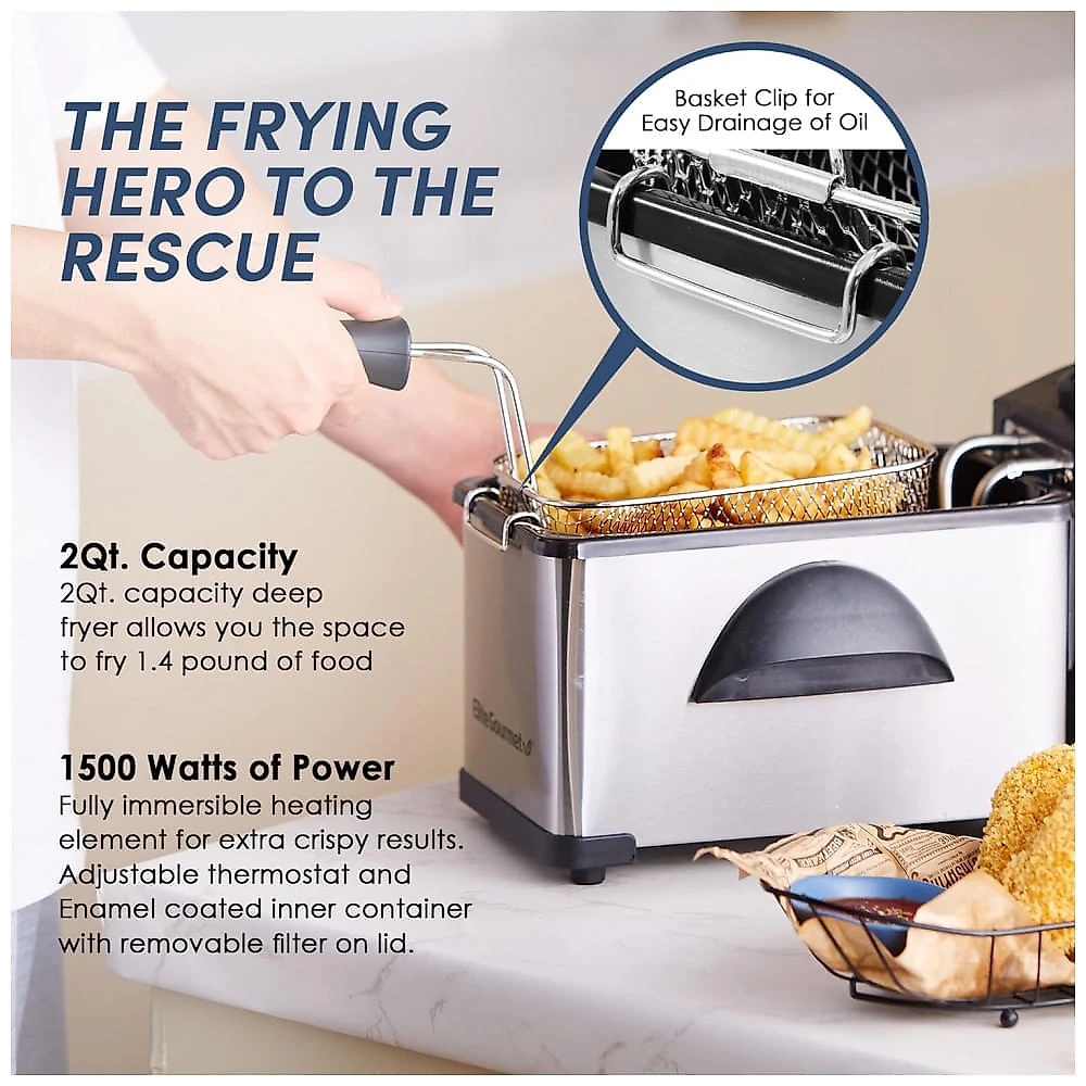 Fritadeira Elétrica 2L em Aço Inoxidável, 1500W 110V, Elite Gourmet EDF2100, Prata