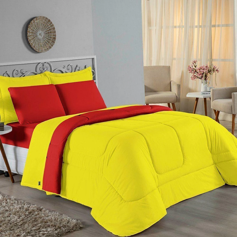 Kit Edredom Dupla Face + Jogo De Lençol Casal Viúva Nobre 7 Peças Malha 100% Algodão - Amarelo / Vermelho