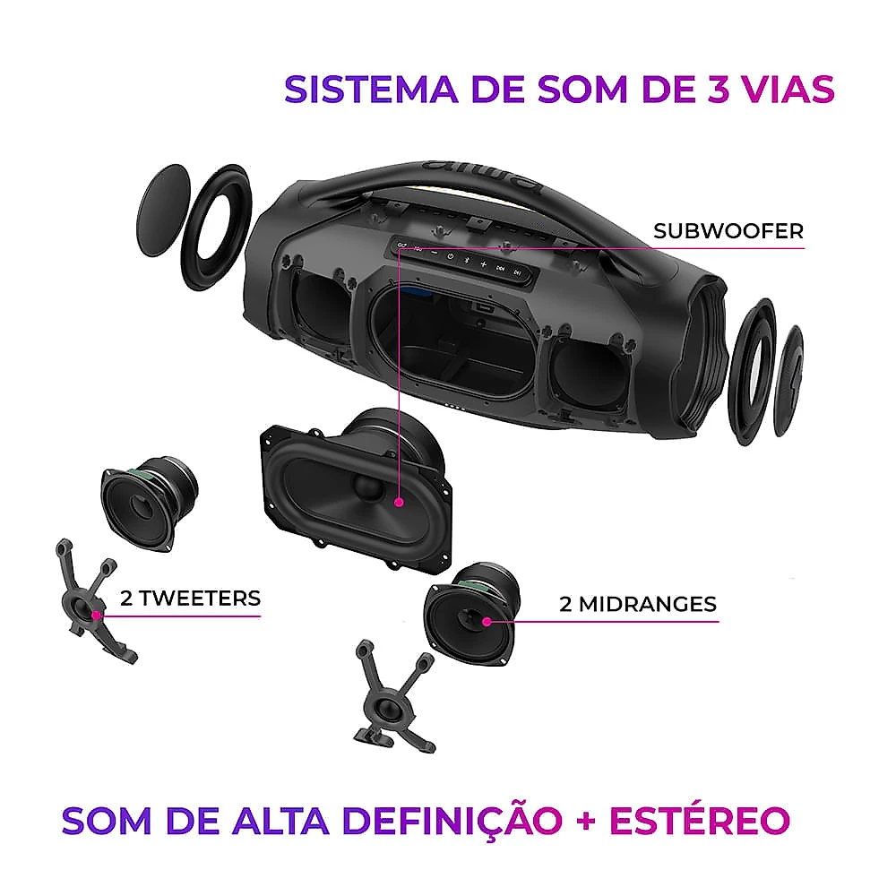 Miniatura Caixa de Som Boombox Plus AIWA BBS-01-LBL 200W BT 30H IP66 USB RGB BOOMBOX C/ LUZES AWS-BBS-01-LBL BIVOLT