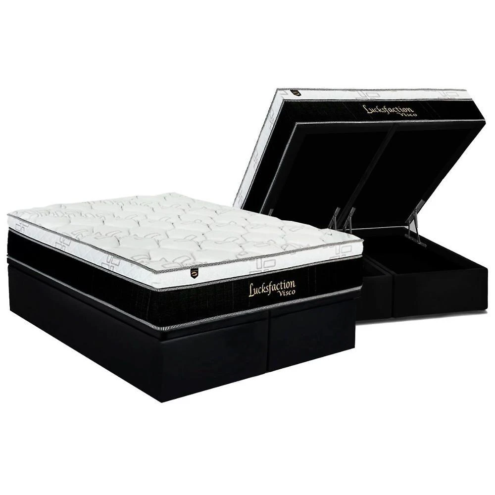 Conjunto Box Baú King: Colchão Espuma Luckspuma Visco Masterpocket Lucksfaction Black + Base Crc Suede Black(193x203)