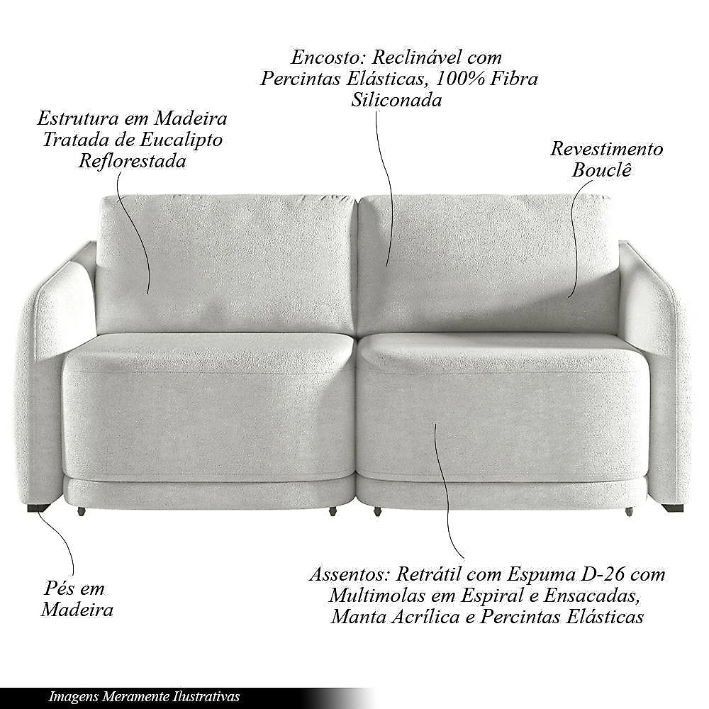 Sofá Cama Varsóvia 3 Lugares Retrátil e Reclinável 176cm Cinza Bouclê Gran Belo
