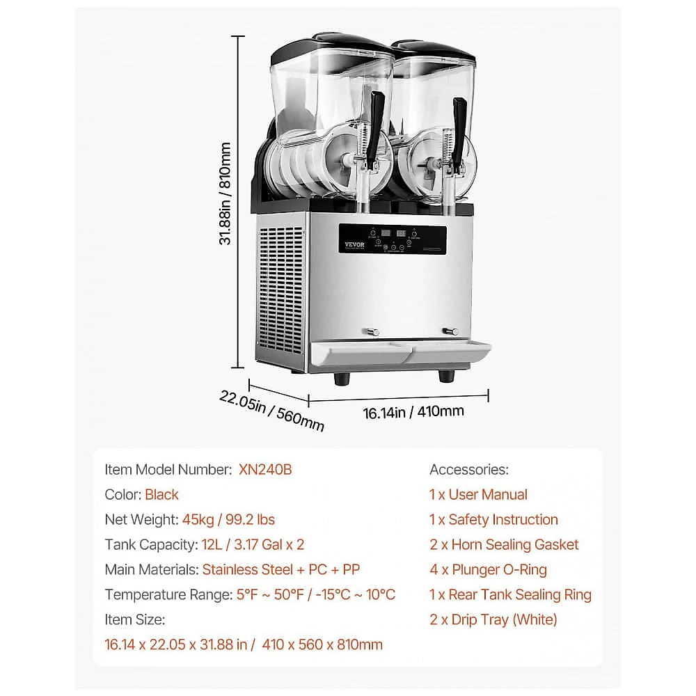 Máquina de Slush Raspadinha VEVOR Duplo Tanque 12L x2 Comercial Aço Inox 240V