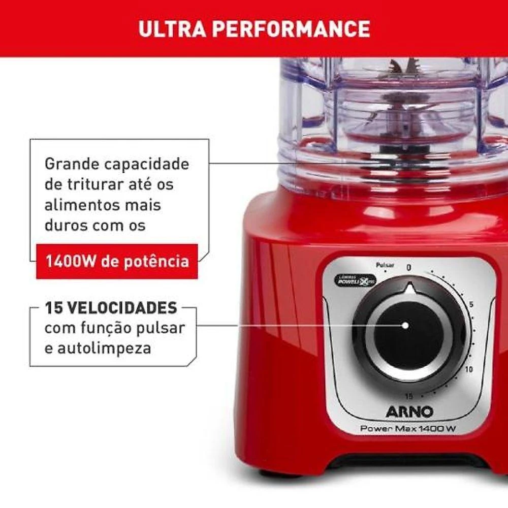 Liquidificador Power Max 1400W 3,1L com 6 Lâminas Powelix Pro Vermelho 110V