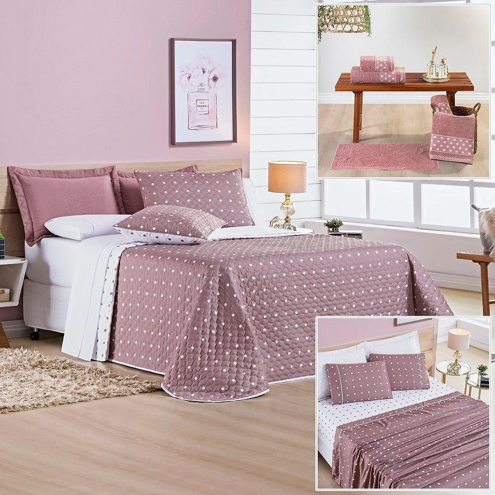 Cobre Leito + Jogo De Cama Casal Padrão + Jogo De Banho Petit Poá 12 Peças 100% Poliéster - Rose