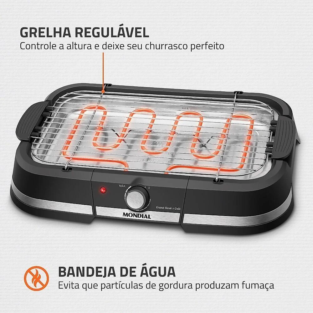 Churrasqueira Elétrica Mondial CH-09 Grand Steak Grill II 1800W Sem Fumaça Preto 110V