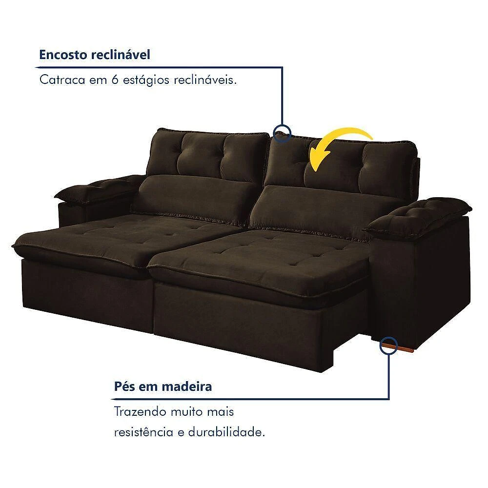 Sofá Retrátil Toronto 3 Lugares Reclinável 230CM Marrom Veludo Rei de Casa