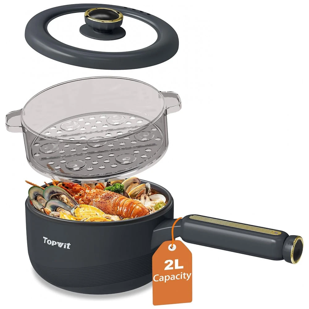 Panela Elétrica TOPWIT Hot Pot com Vaporizador, Panela Elétrica Multifuncional de 2 Litros, Frigideira Antiaderente, Panela Portátil para Bife, Arroz