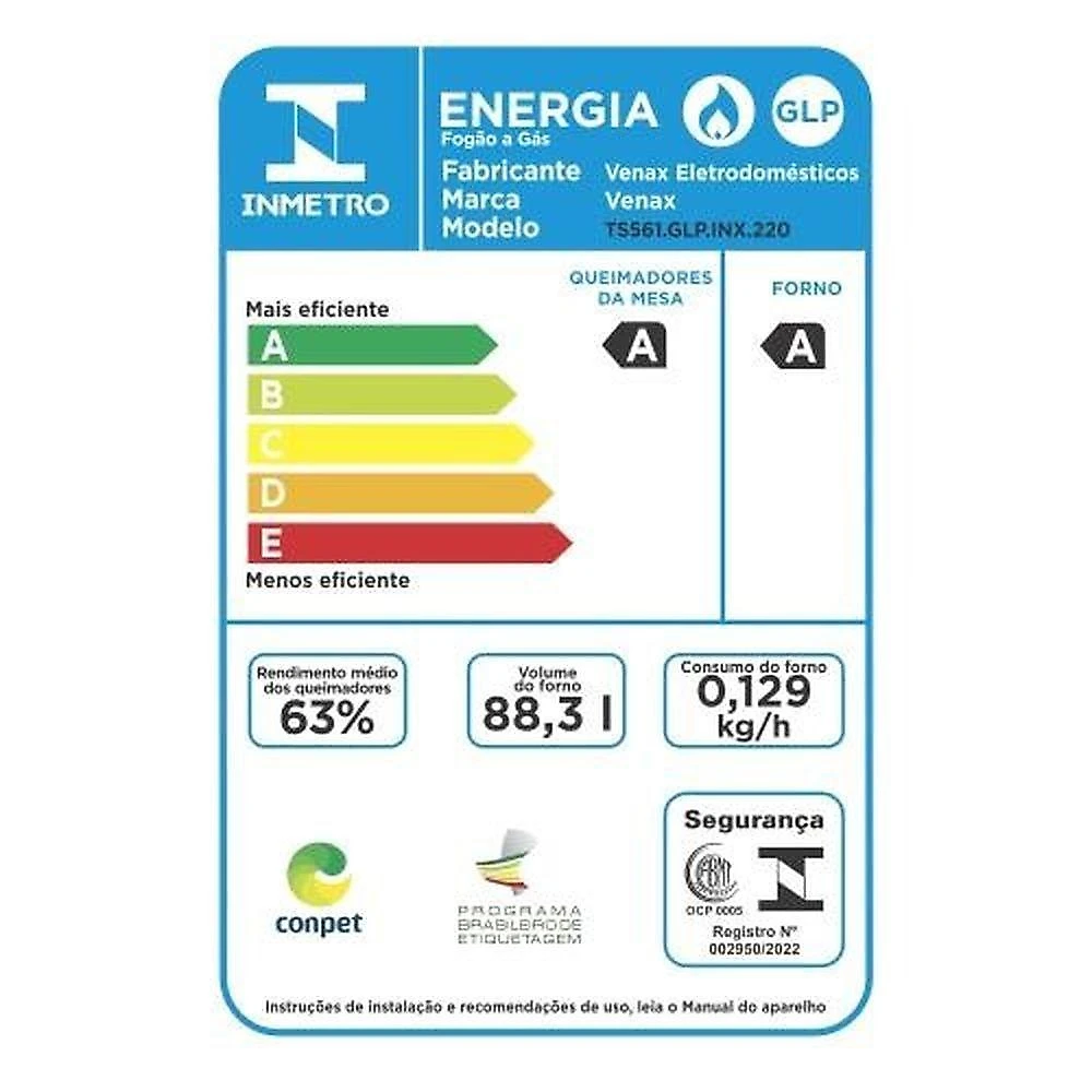 Fogão 5 Bocas Venax Temis A Gás Mesa De Inox 220V