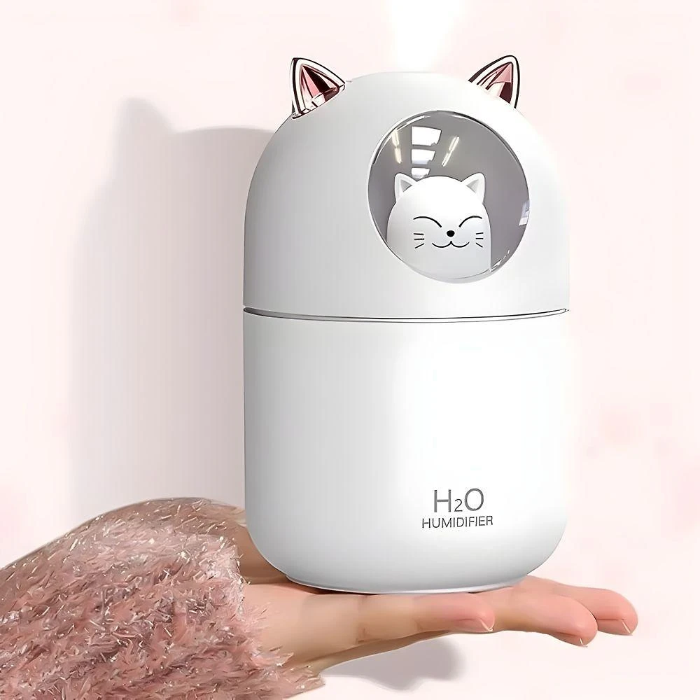 Umidificador de Ar Umidificador Gatinho Luz RGB Utimix 300ml com Aromaterapia Branco e Rosa Bivolt