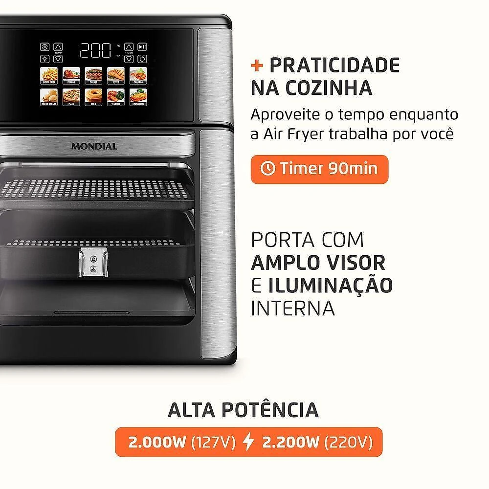 Air Fryer Forno Mondial Oven 13L 2000W 10 Programas Touch Preto e Inox 110V
