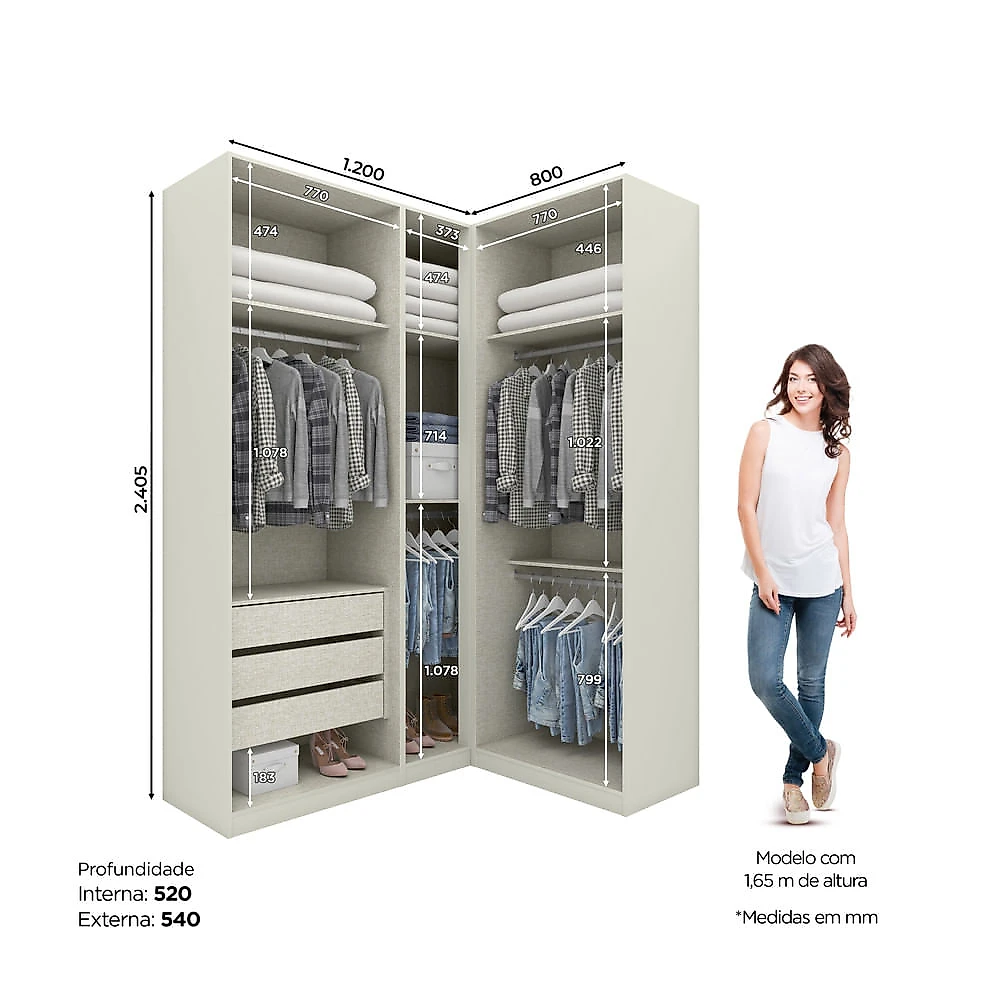 Guarda Roupa Modulado De Canto 5 Portas 3 Gavetas Bellagio Casa 812 Areia HP