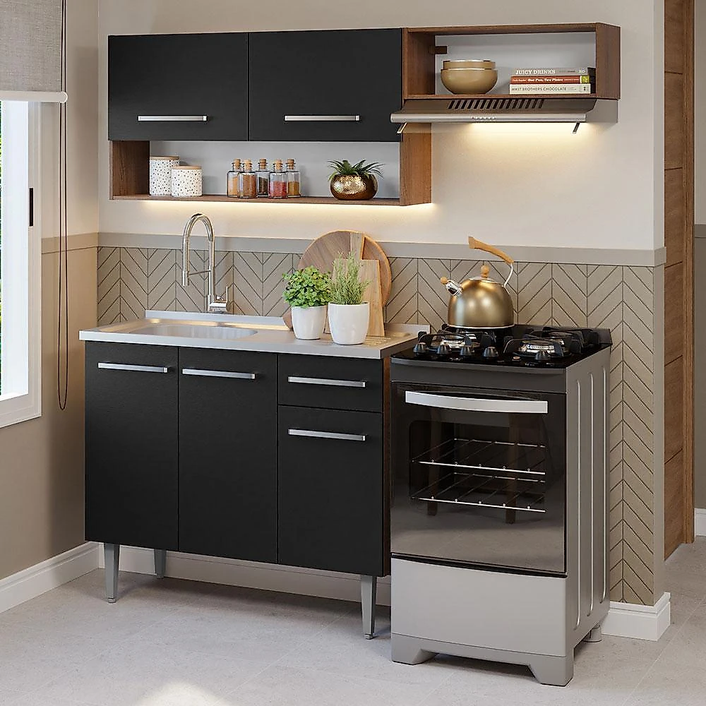 Armário de cozinha compacta 165cm com pia emilly madesa 09 rustic