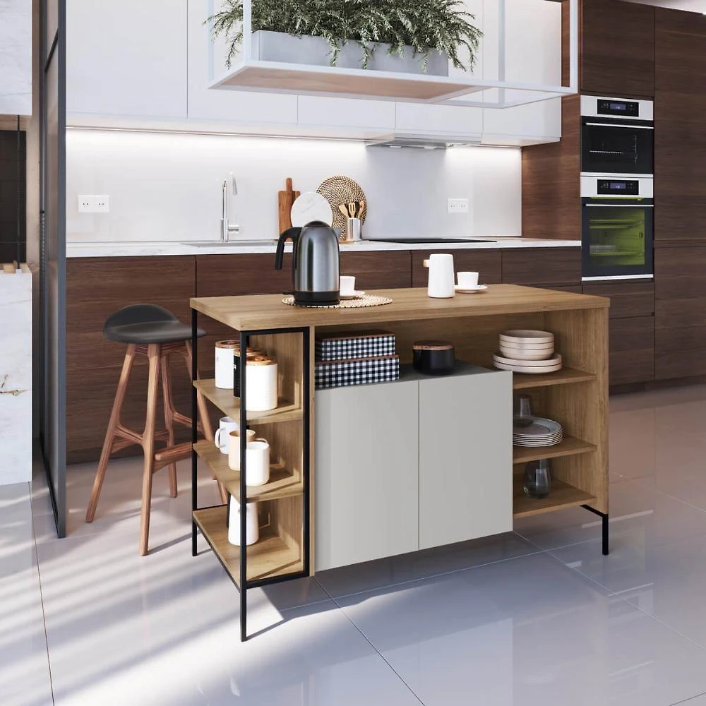 Balcão Mesa Bancada Cozinha 2 Portas 6 Prateleiras MDP 131CM Mel com Arenas