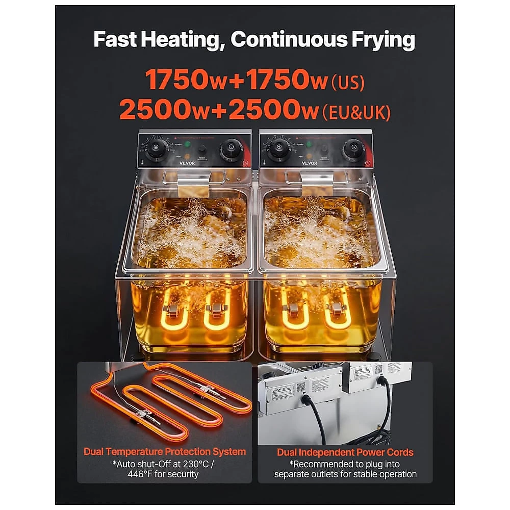 Fritadeira Elétrica Comercial VEVOR Duplo Tanque 18L Aço Inox com Temporizador e Dreno de Óleo 110V