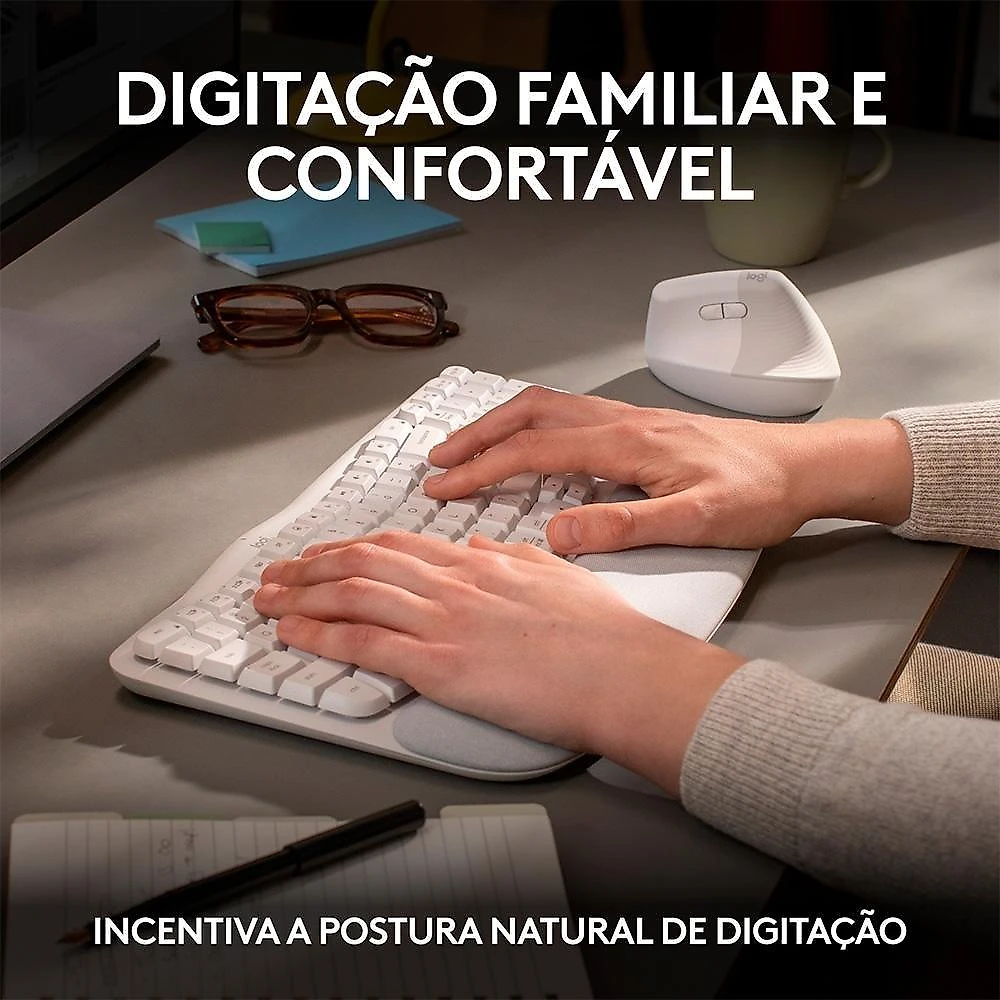 Teclado Sem Fio Logitech Wave Keys, Bluetooth, Layout US, Com Design Ondulado, Ergonômico, Branco - 920-012282