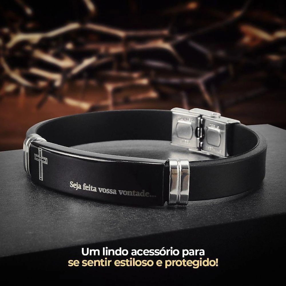 Pulseira Masculina Orizom Pai Nosso Silicone e Aço Ajustável Preto
