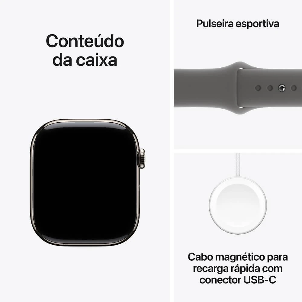 Apple Watch Series 10 GPS + Cellular • Caixa natural de titânio – 46 mm • Pulseira esportiva cinza-pedra – P/M