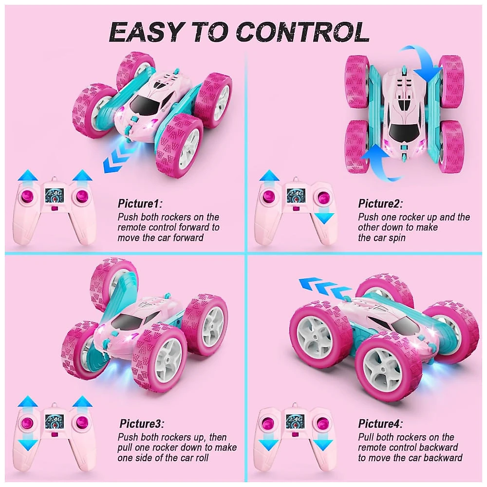 Carro de Controle Remoto Rosa para Meninas, Carro de Acrobacias RC de 2,4 GHz com Rotação de 360 Graus e Faróis, Brinquedo para Meninas,QUNREDA