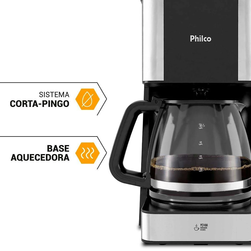 Cafeteira Philco 1,6L 950W 40 Cafezinhos PCF40A Preto e Inox - 110V
