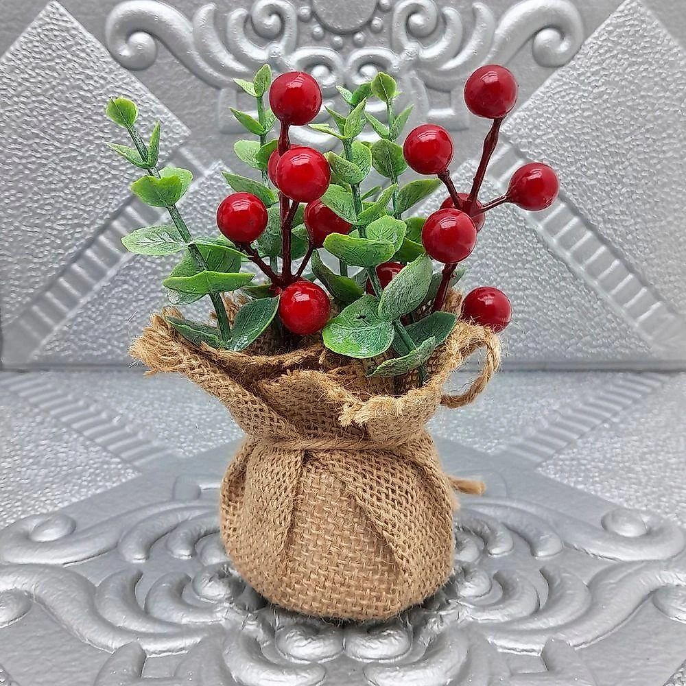 Arranjo Cereja Pinha Artificial Vaso Enfeite Mesa Natal 15cm Pinha