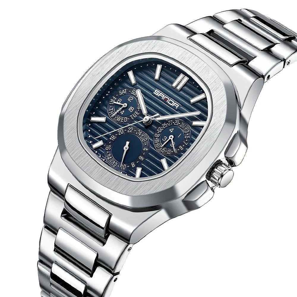 Relógio de Quartzo Masculino Três Olhos e Seis Pinos Aço Inox Clássico Azul Sanda