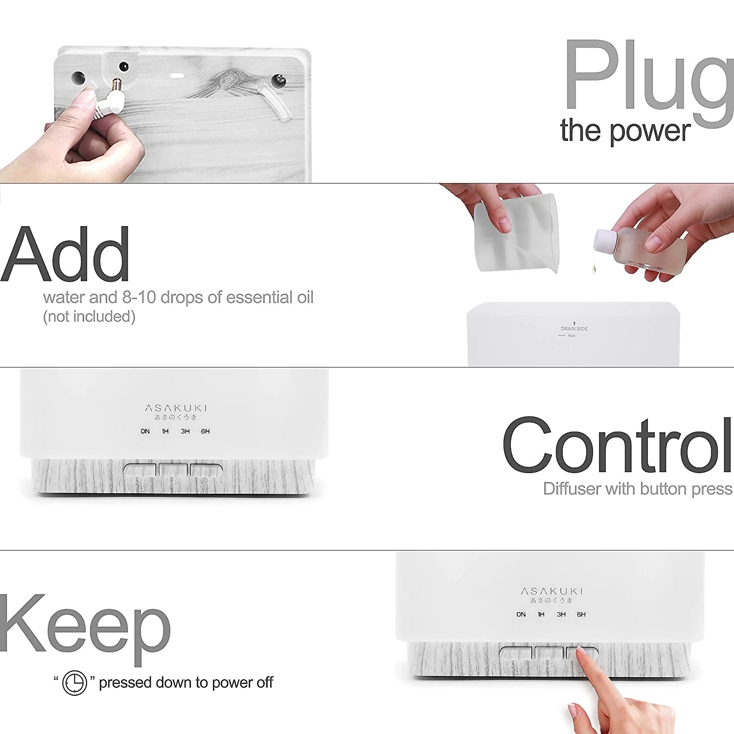 ASAKUKI Premium Umidificador Ultrassônico Portátil 07L com A romaterapia e 7 Luzes LED até 6H 110V Branco