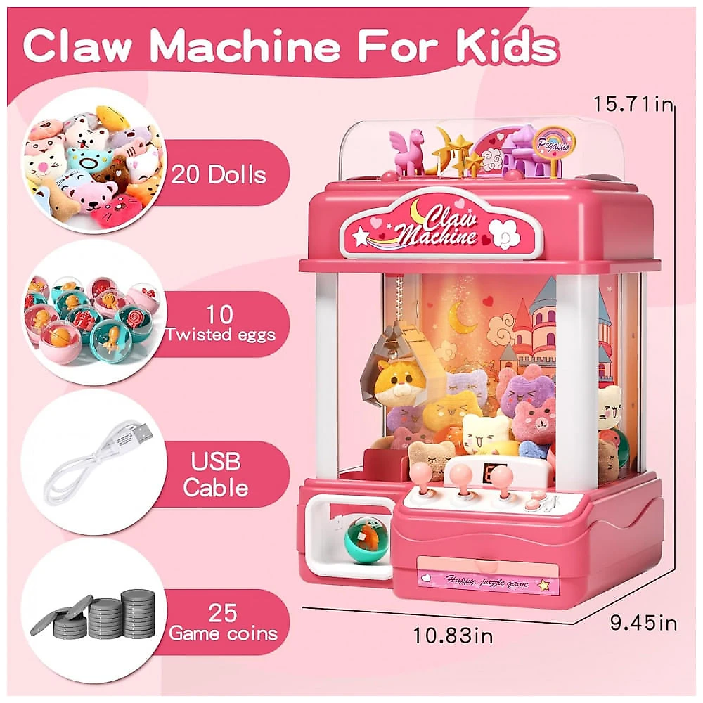 Máquina de Garra AIQI Transparente com Luzes e Som, 42cm, Dispensadora de Prêmios 55 Itens, Plástico, Rosa, Bivolt, Para Crianças