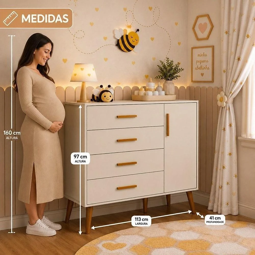 Quarto de Bebê Completo Isis / Berço 2 em 1, Cômoda Sapateira 100% MDF Areia