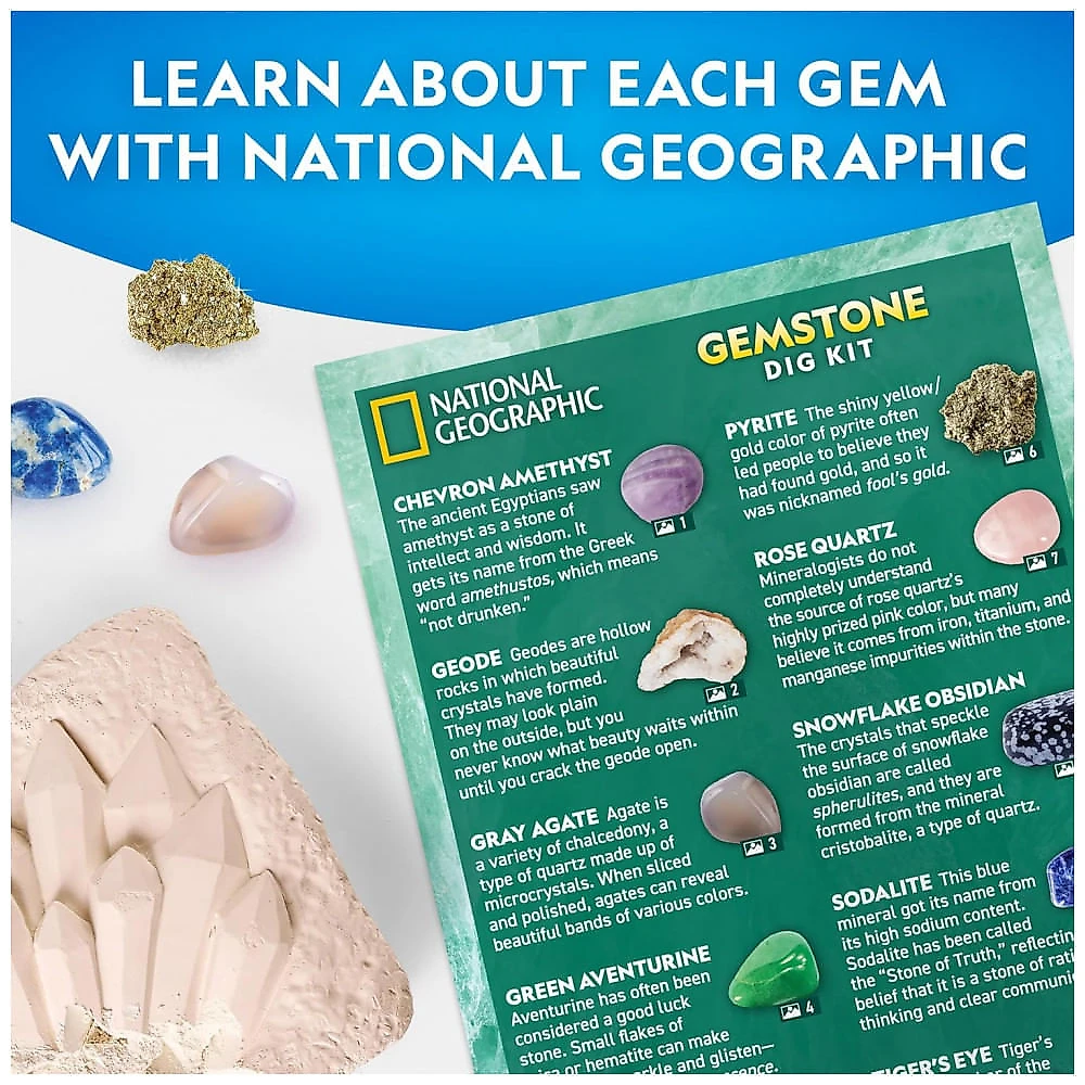 Kit Super Escavação de Gemas – 10 Gemas Reais, Kit STEM de Geologia para Crianças, Presente Educativo, National Geographic