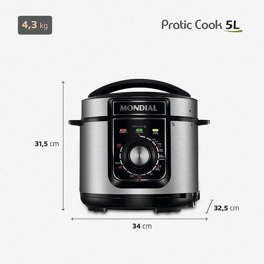 Panela de Pressão Elétrica de Pressão Mondial Pratic Cook 5L Premium I 900W Preto-Inox 110V
