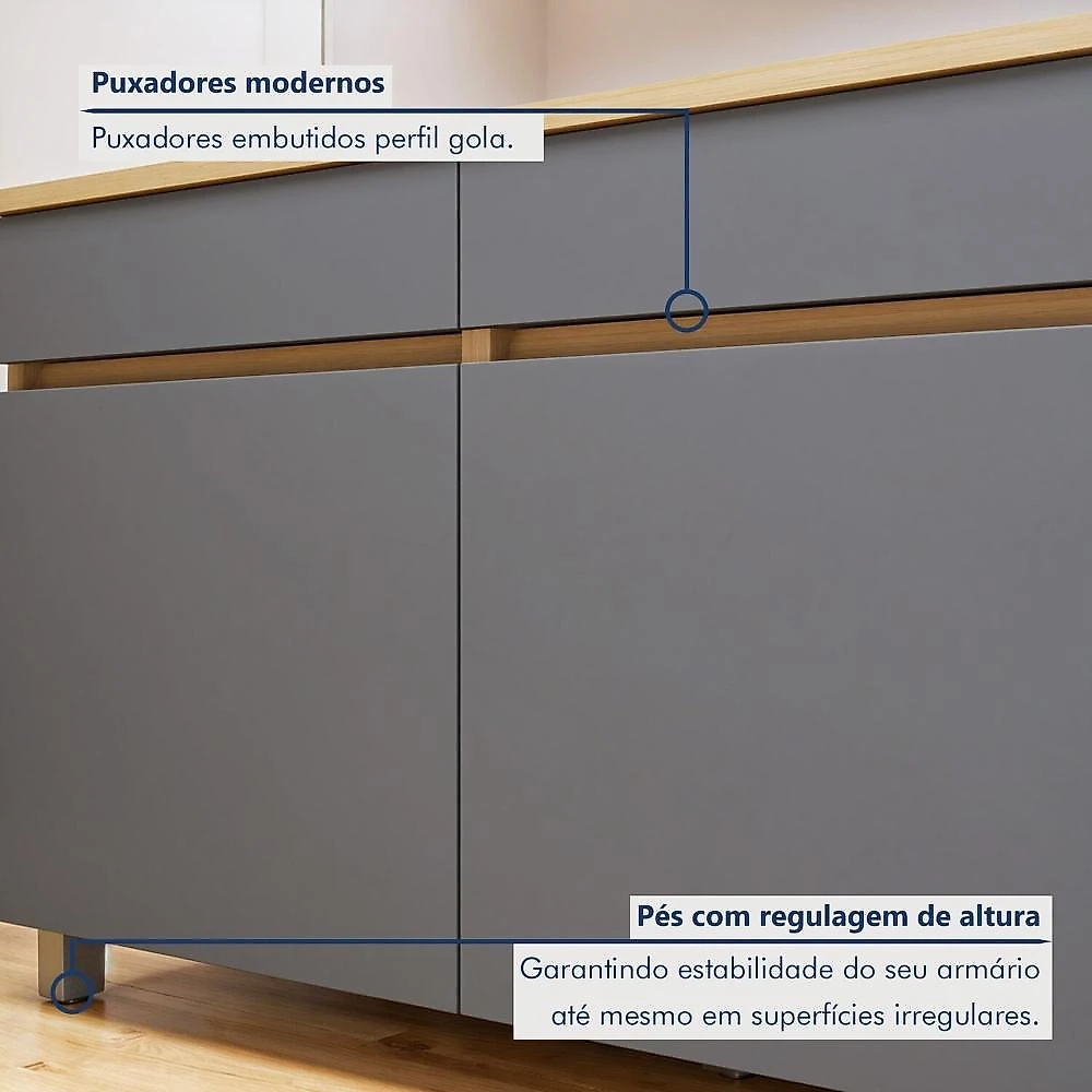 Cozinha Completa Modulada 3 Peças 5 Portas 2 Gavetas 100% MDF Realeza Premium Carvalho/Titânio