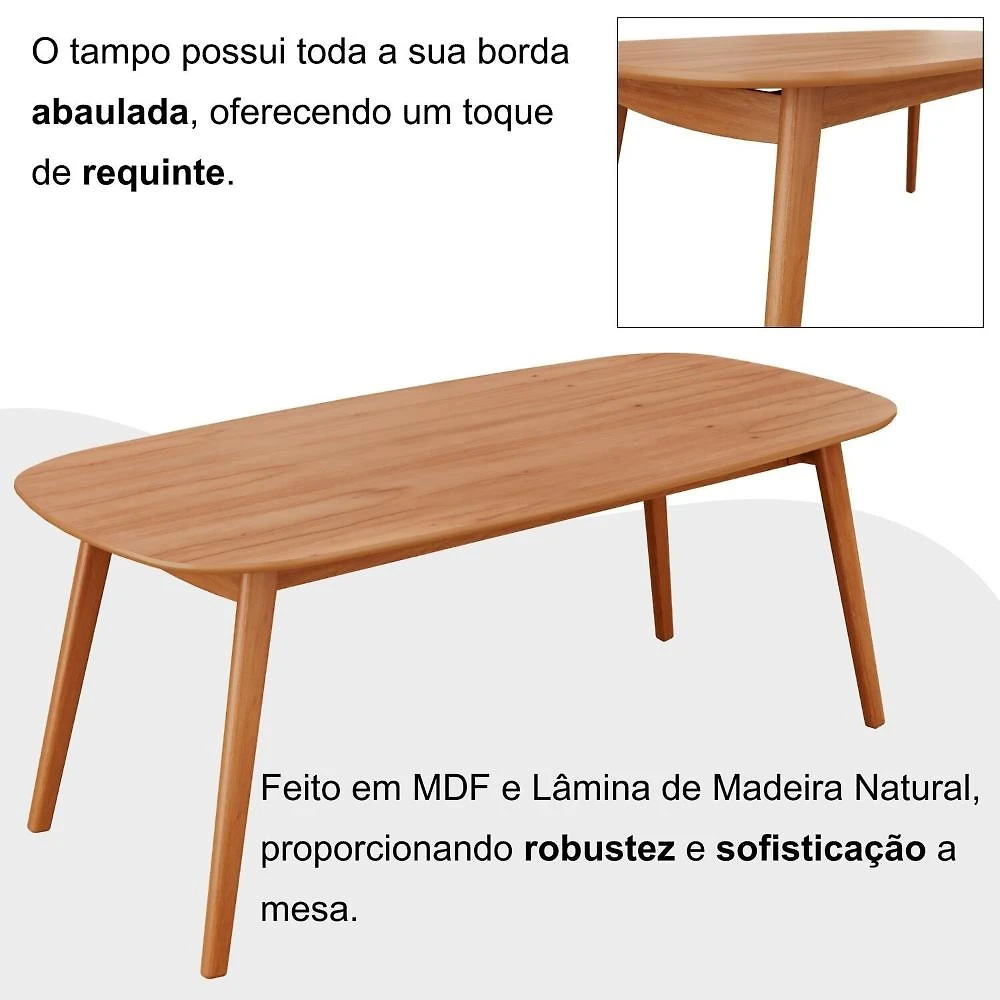 Conjunto Sala de Jantar Mesa 180x80cm Tampo em Mdf Laminado 6 Cadeiras Ceci Natural