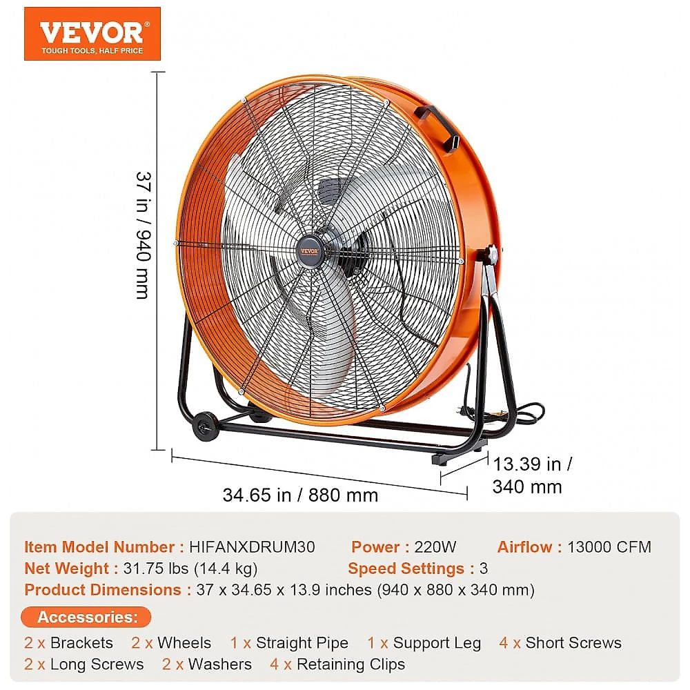 Ventilador Industrial VEVOR 76 cm Laranja, Alta Velocidade, 3 Velocidades, 220W, Modelo HIFANXDRUM30, 110V