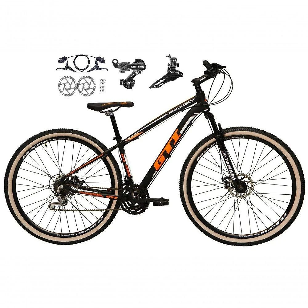 Bicicleta Aro 29 Gti Roma 21v Câmbios Shimano Freio Disco Hidráulico Suspensão Pneu Faixa - Preto-laranja Tam.15