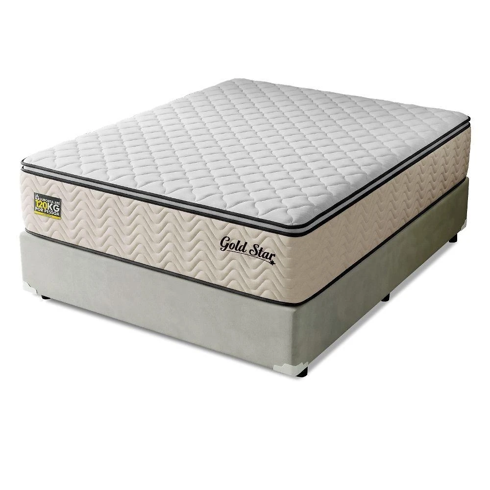 Cama Box com Colchão King Gold Star Pillow Top Molas Ensacadas Suede Bege Hellen Estofados