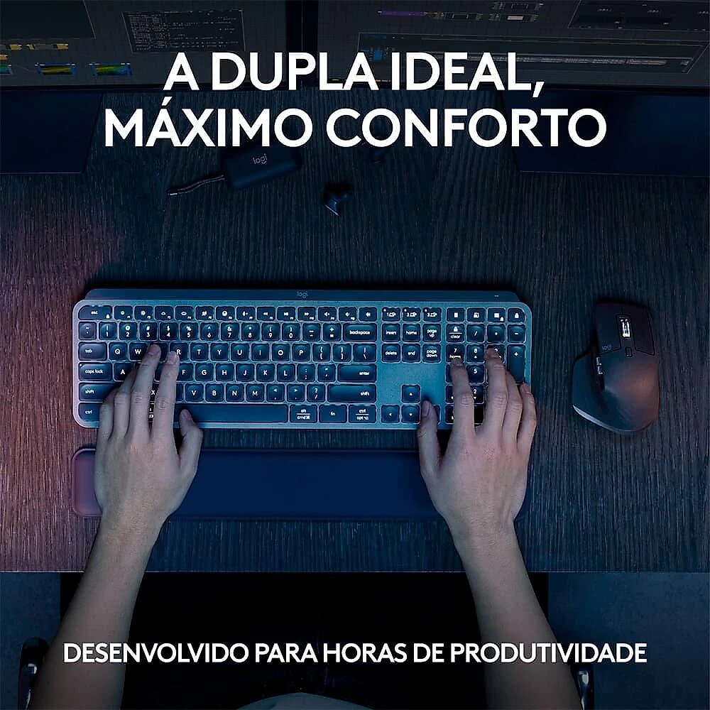 Kit Teclado e Mouse Sem Fio MX Keys S, Bluetooth ou Receptor Logi Bolt, com Apoio para as Mãos, Grafite - 920-011605