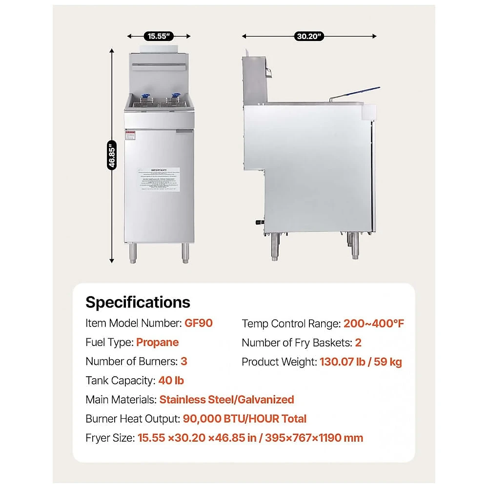 Fritadeira Comercial a Gás VEVOR GF90 Inox 3 Queimadores 18 kg 90.000 BTU Dupla Cesta