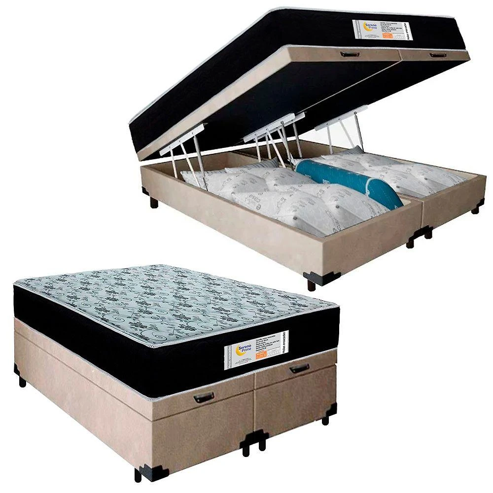 Cama Box Baú Queen Bipartido Suede + Colchão Molas Ensacadas Sereneprime Sonnolux 158x198x69 Bege