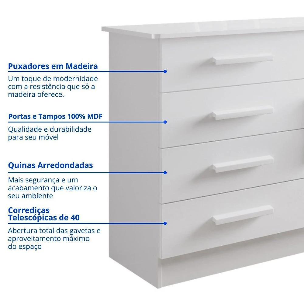 Quarto Infantil Completo com Guarda-roupa Cama 100% Mdf e Cômoda Angel Branco