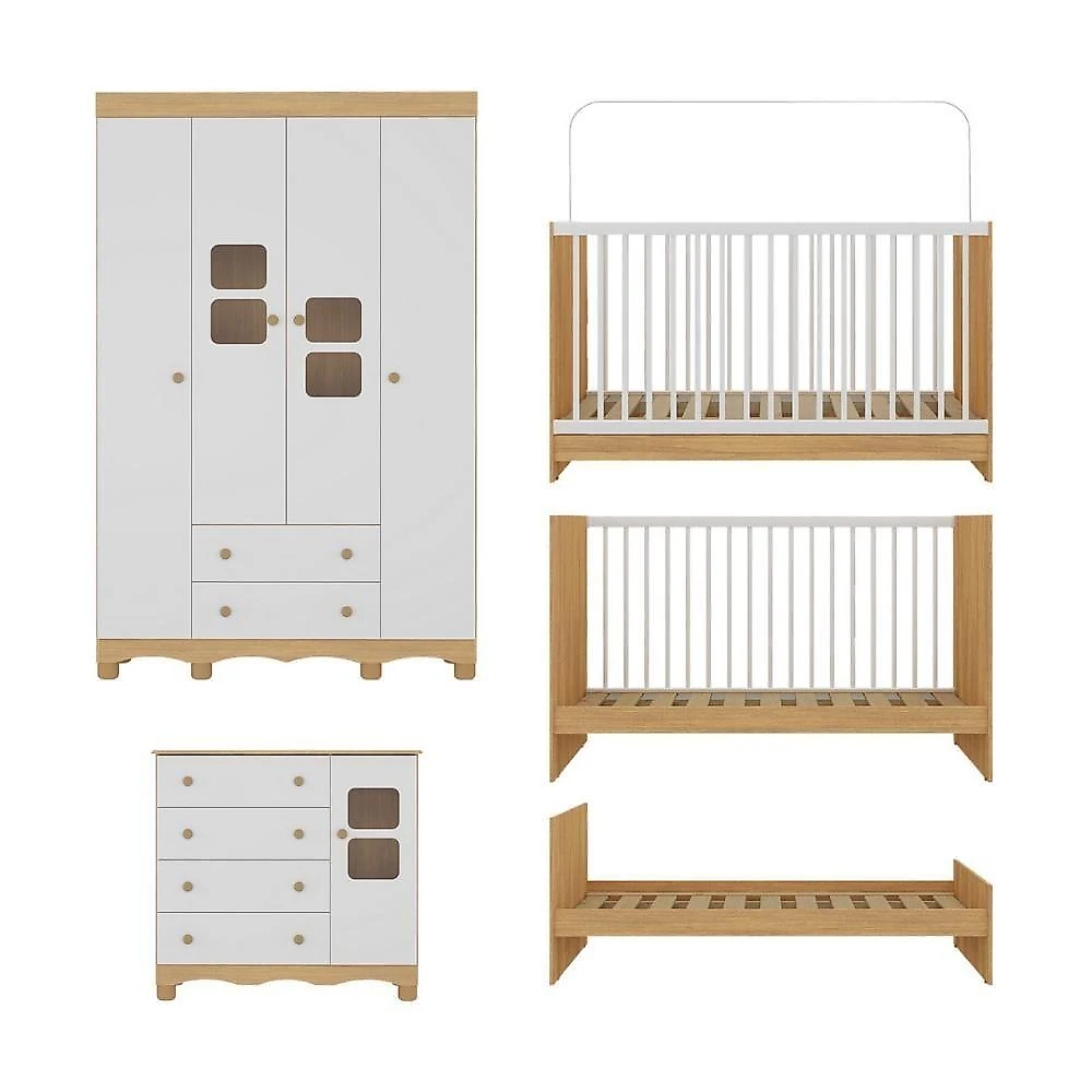Quarto De Bebê Completo Com Berço 3 Em 1 Com Colchão Incluso Luna Multimóveis MP4536 Madeirado-branco